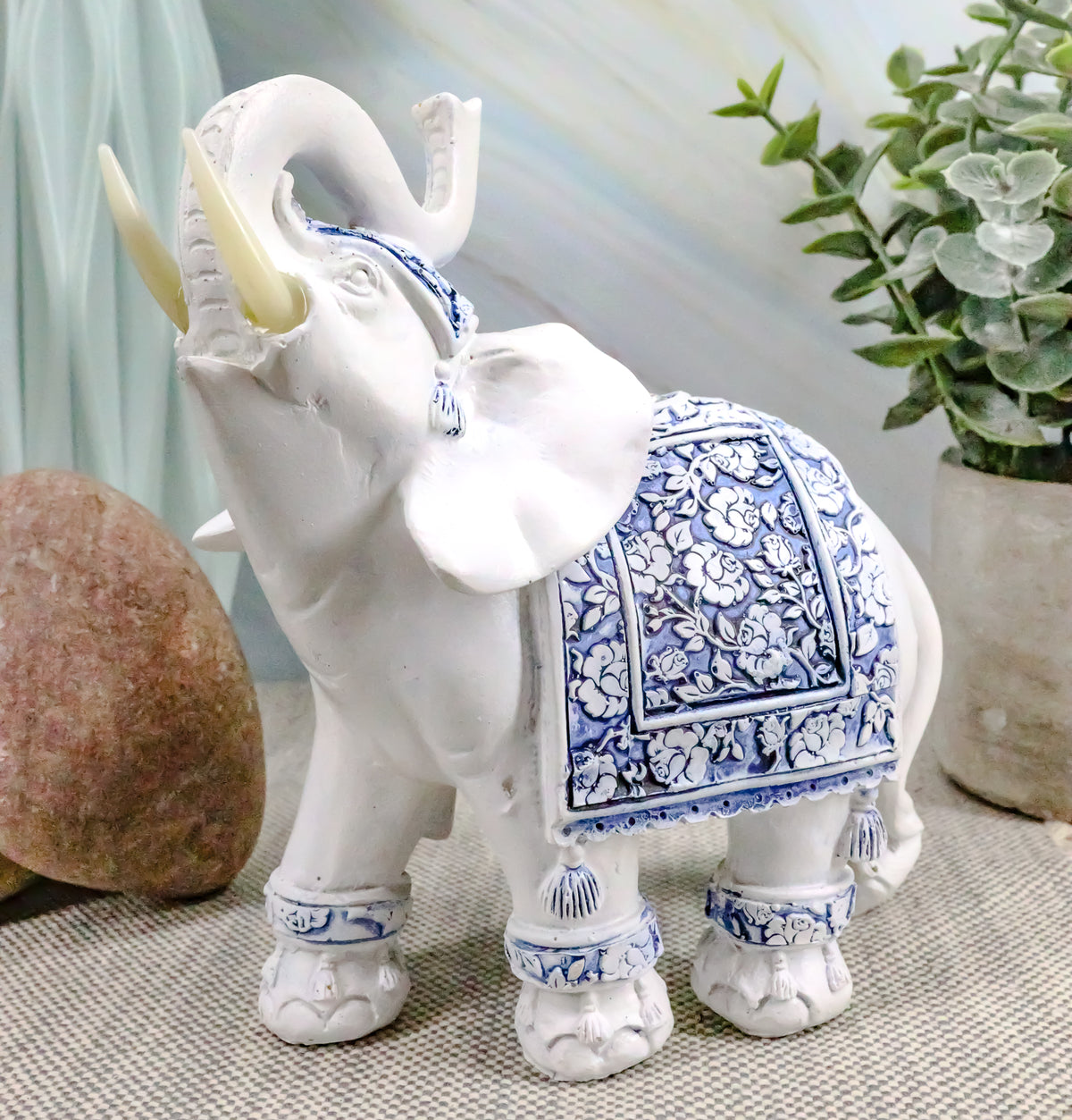 Ebros Feng Shui Blue & White Floral Left Facing Elephant With Trunk Up Figurine