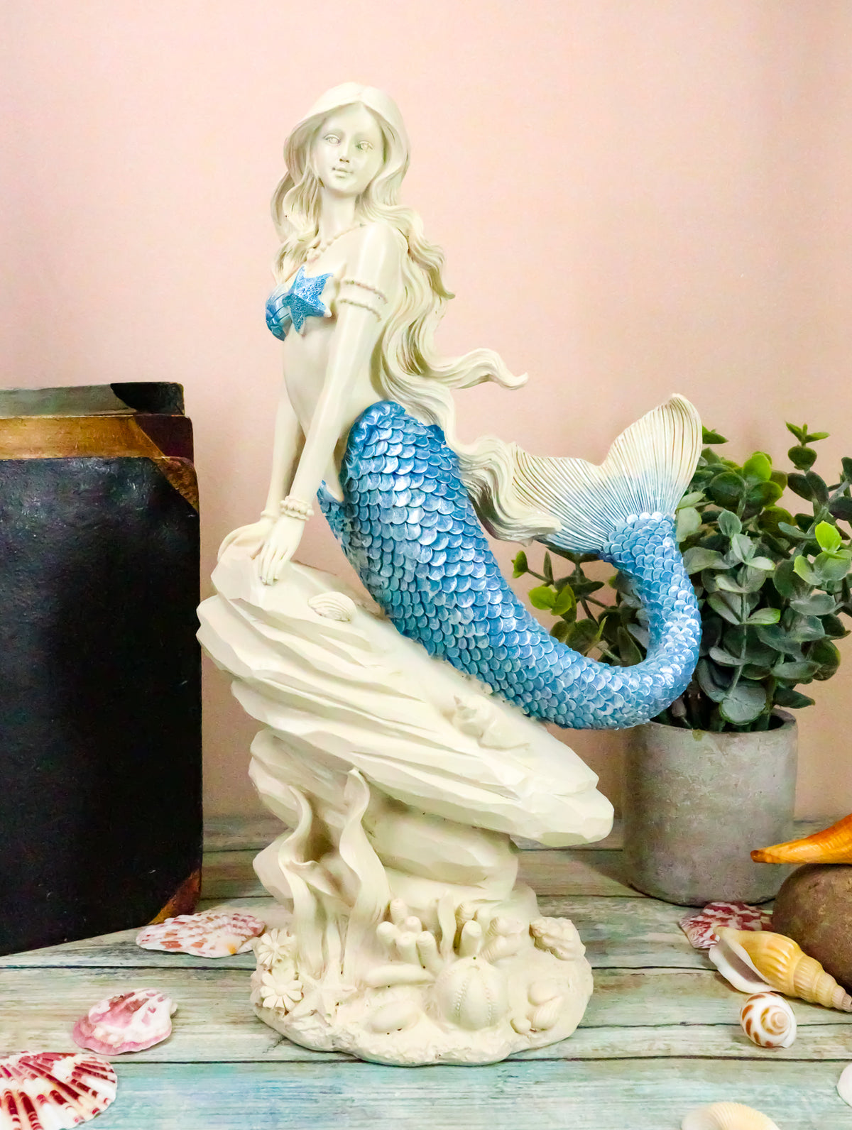 Ebros Ocean Aqua Blue Tailed Mermaid Sitting On Sea Rock Figurine 11.5"H - Ebros Gift