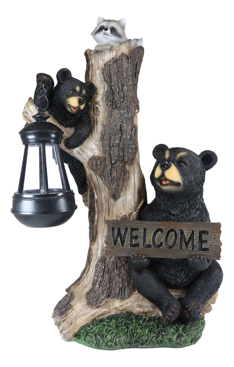 Ebros Forest Black Bear Mama And Cub With Raccoon Welcome Sign Solar LED Light Statue