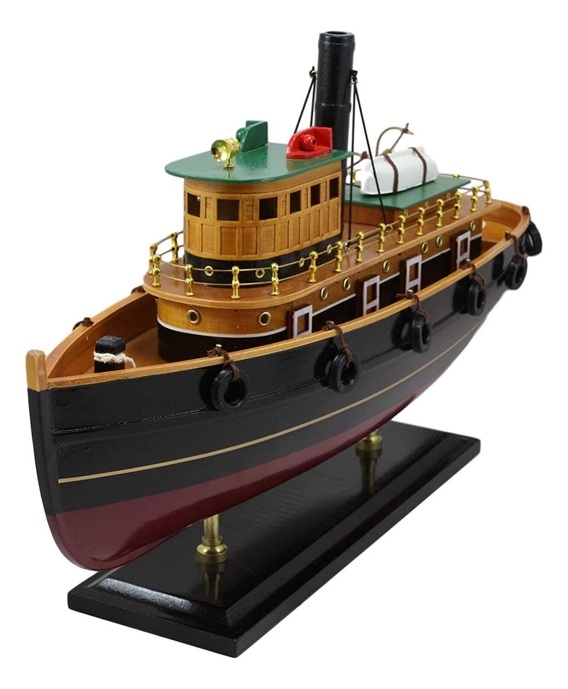 Ebros 18" Long Handicraft Tugboat Boat Model Statue with Wood Base Stand Figure - Ebros Gift