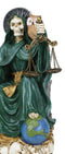 Seated Green Santa Muerte With Scythe Scales of Justice And Wise Owl Figurine 9"