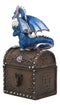 Whimsical Pixie Blue Dragon Guarding Celtic Treasure Chest Trinket Box 6.5"Tall