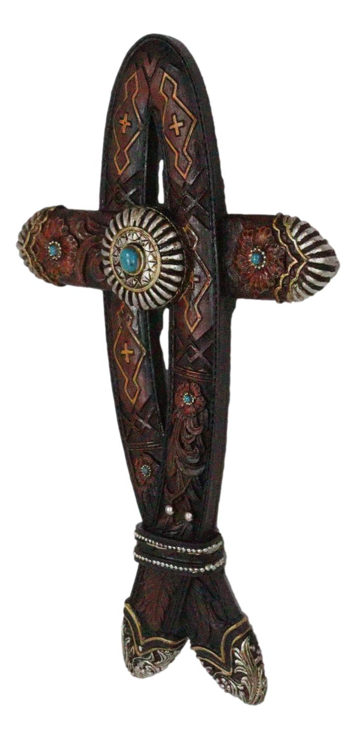 Rustic Western Turquoise Gem Concho Tooled Leather Belt Ichthys Fish Wall Cross