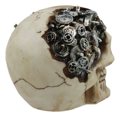 Ebros Steampunk Cyborg Protruding Gearwork Human Skull Statue Sci Fi Clockwork Gear Design Skeleton Cranium Figurine