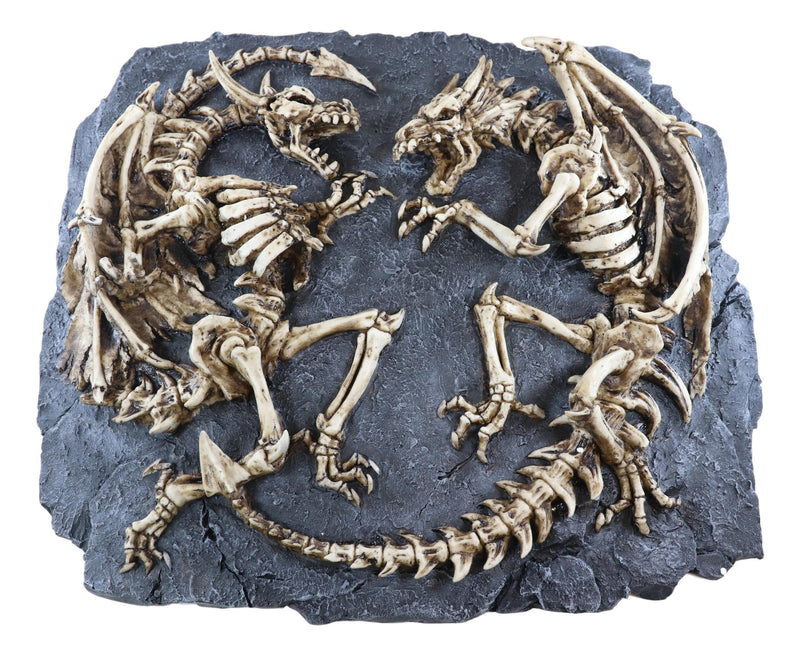 Faux Fossil Rock Block With 2 Dueling Skeleton Dragons Exotic Wall Decor Plaque