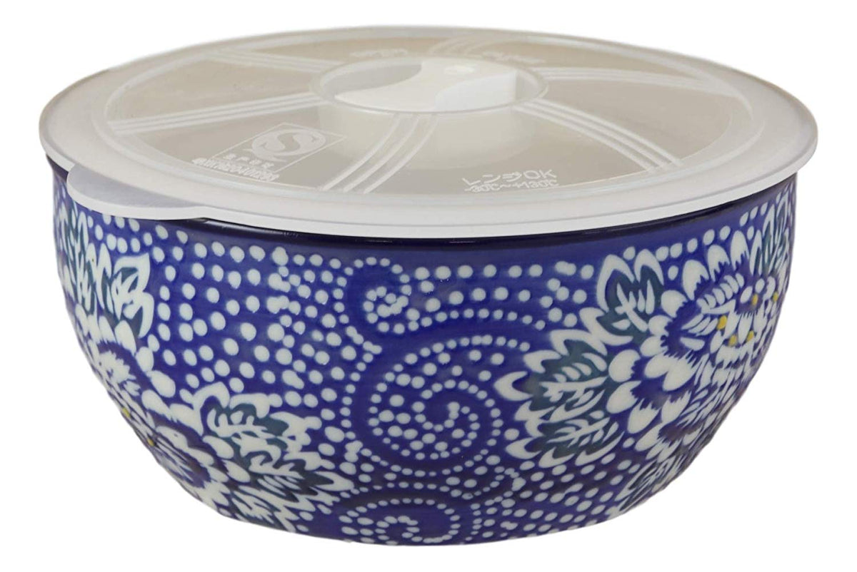 Ming Style White Blue Floral Design Ceramic Meal Lunch Storage Bowl With Lid - Ebros Gift
