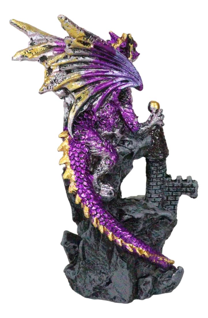Metallic Golden Purple Dragon Guarding Castle Tower On Mountain Cliff Figurine