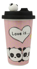 Pink Polkadots Heart 2 Giant Panda Bear Lovers Ceramic Mug With Silicone Lid