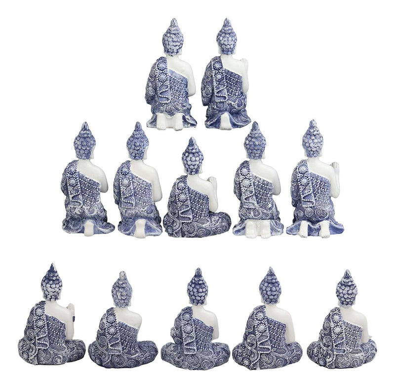 Ebros Gift Blue and White Terracotta Ming Style Miniature Meditating Buddha Amitabha Figurine Set of 12 in Different Mudra Poses Collectible 3.25" Tall Eastern Enlightenment Feng Shui Buddhist Monks