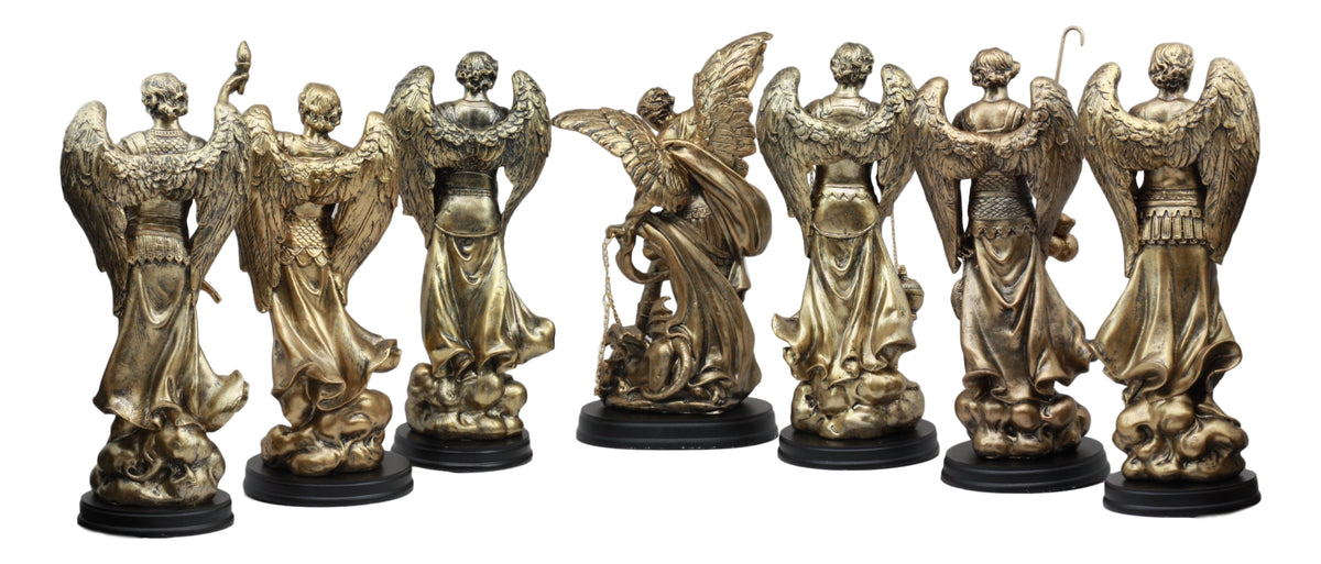 Ebros Archangel Statue 8" Tall with Brass Name Plate Wooden Base (Set of 7)