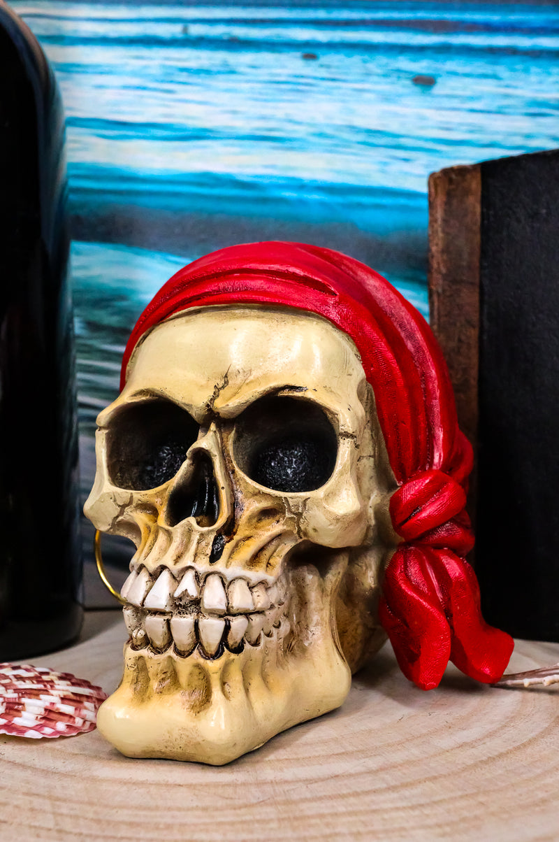 Ebros Ghost Ship Pirate Skull with Red Bandana and Earring Statue 6" Long