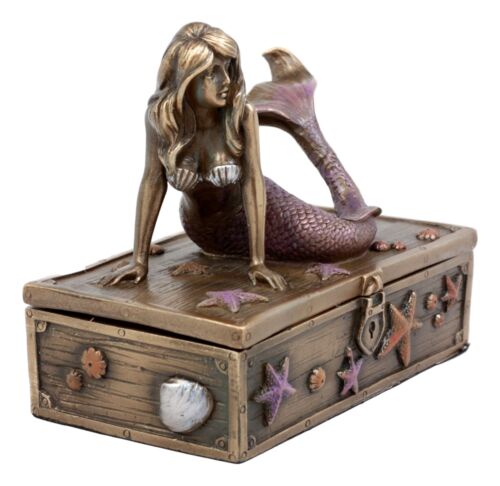 Ebros Bronzed Resin Mermaid Ariel Resting Jewelry Trinket Decorative Box 5" L - Ebros Gift