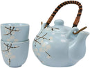 Ebros Cherry Blossom Sakura Pastel Sky Blue Ceramic Tea Pot and Cups Set For 2