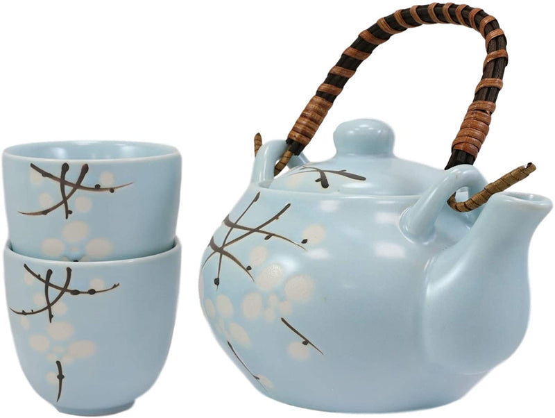 Ebros Cherry Blossom Sakura Pastel Sky Blue Ceramic Tea Pot and Cups Set For 2