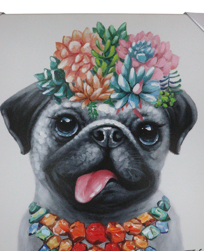 Colorful Hawaiian Pug Puppy With Flowers Canvas Wooden Picture Frame 20"X20"