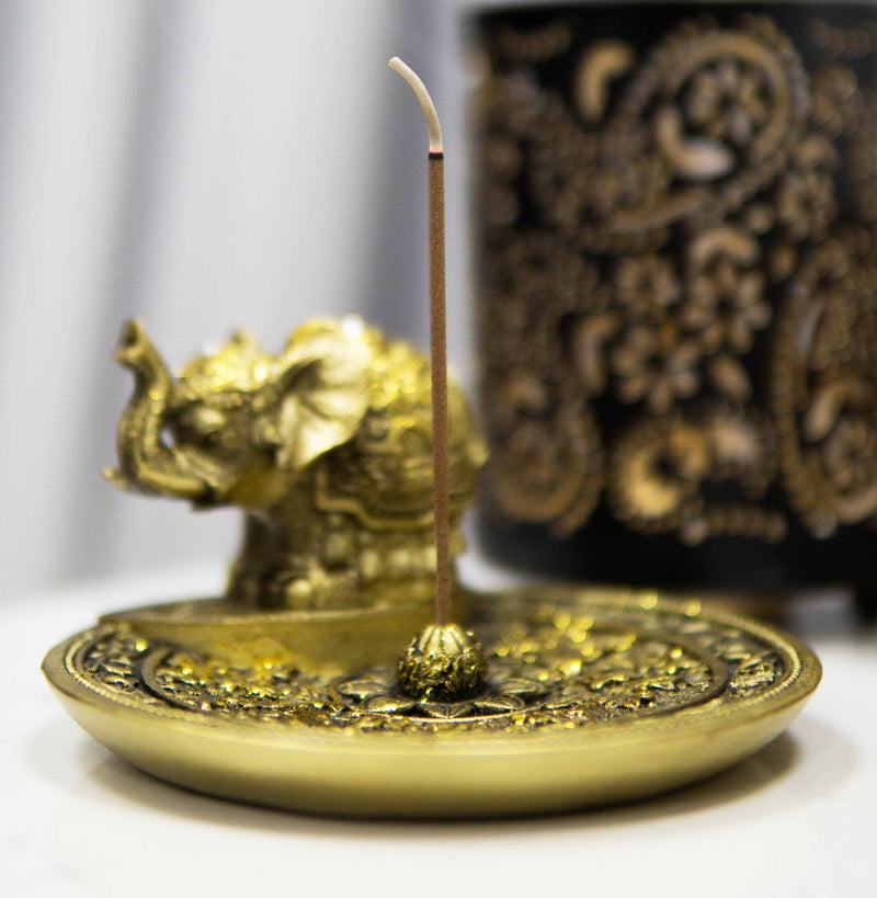 Feng Shui Golden Elephant With Trunk Up Lotus Padma Incense Burner Dish Figurine