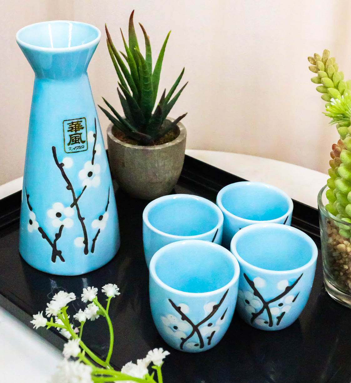 White Sakura Cherry Blossom Sky Blue Ceramic Sake Set Carafe Flask With 4 Cups