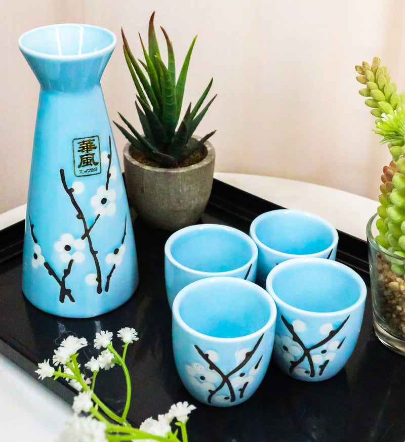 White Sakura Cherry Blossom Sky Blue Ceramic Sake Set Carafe Flask With 4 Cups