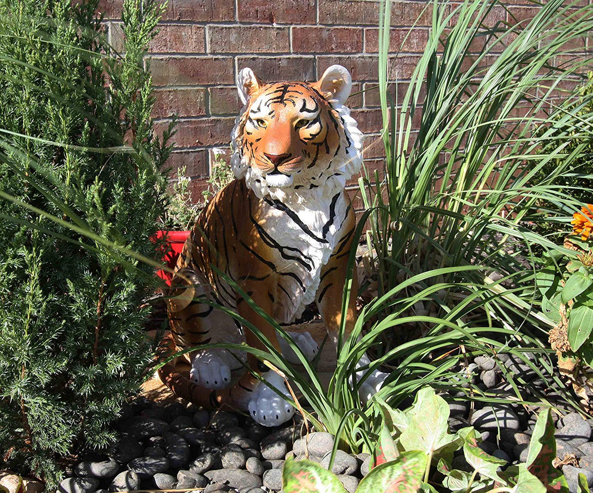 20"Tall Orange Bengal Tiger Raja Sitting On Guard Decorative Garden Statue - Ebros Gift