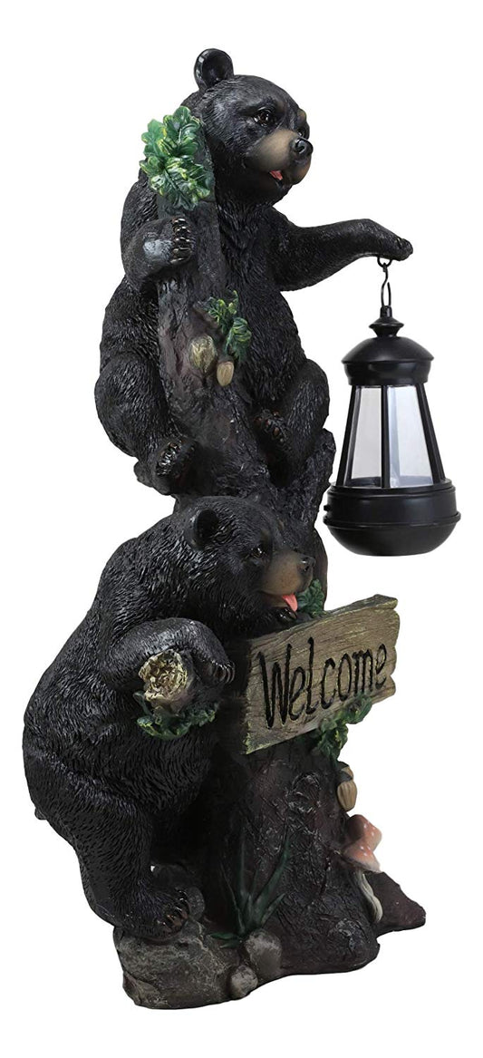 Ebros Climbing Black Bear Cubs Garden Light Welcome Statue Figurine Solar LED Lantern - Ebros Gift
