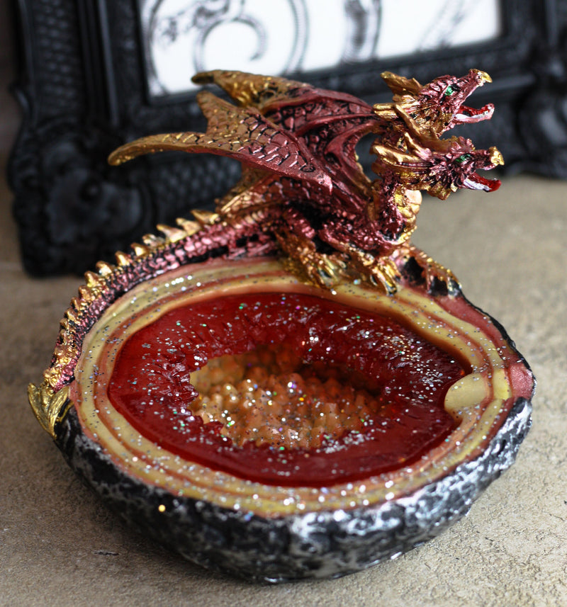Ebros Red Double Headed Hydra Dragon On Ruby Quartz Crystal Quarry Ashtray Figurine