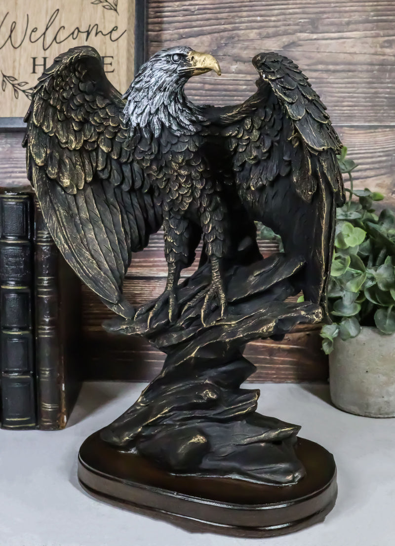 American Patriotic Large Bald Eagle Perched On Rocky Cliff Resin Figurine 10"H