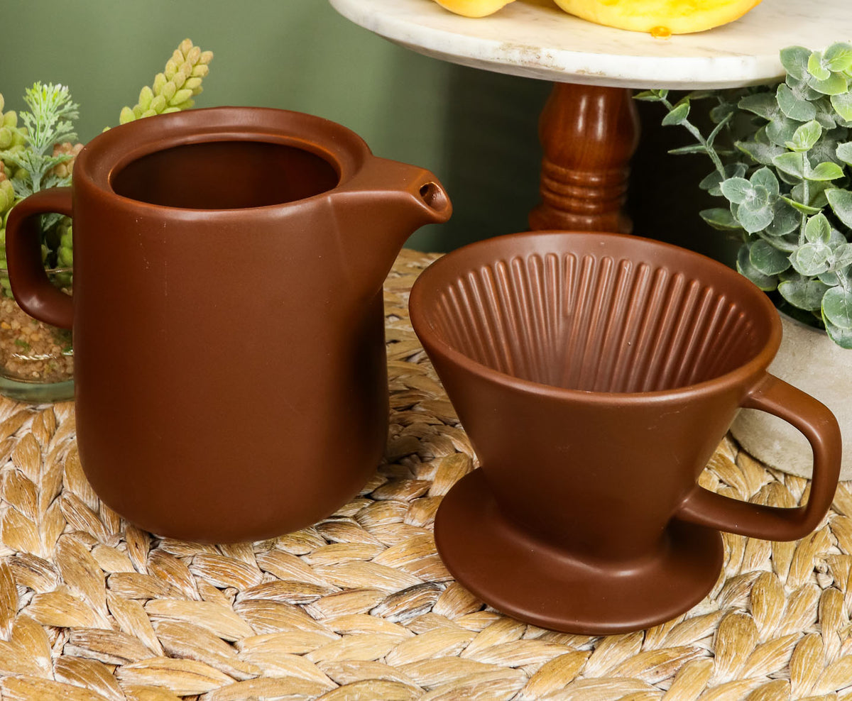 Brown Porcelain Coffee Maker Carafe Pot With Pour Over Dripper Filter Cup Set