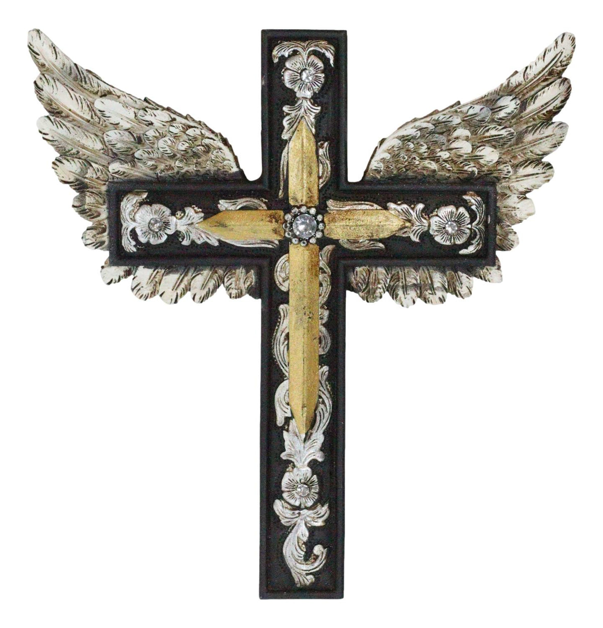 Set of 2 Petite Rustic Western Silver Gold Angel Wings Faux Leather Wall Crosses