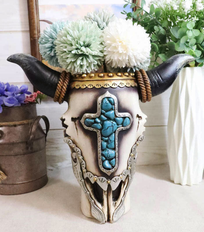 Western Rustic Cow Skull With Turquoise Rocks Cross And Ropes Vase Planter Decor