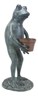 19"H Aluminum Green Thumb Whimsical Gardening Frog Carrying A Planter Pot Statue