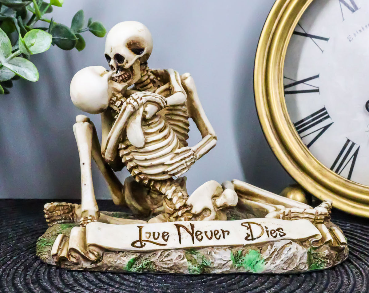 Love Never Dies Day Of The Dead Skeleton Couple Kissing By The Graveyard Statue - Ebros Gift