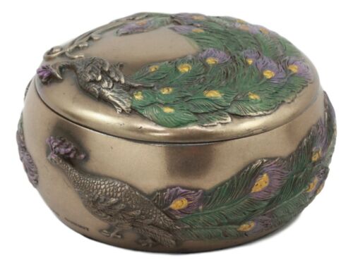Art Nouveau Beautiful Iridescent Tailed Peacock Round Jewelry Box - Ebros Gift