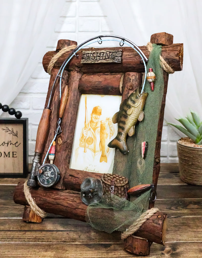 Rustic Western Fishing Angler Fisherman Rod Bass Fish Net 4X6 Picture Frame