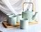 Matte Green Modern Ceramic 28oz Tea Pot With 4 Cups And Bamboo Serving Tray Set