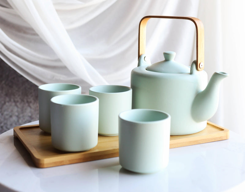 Matte Green Modern Ceramic 28oz Tea Pot With 4 Cups And Bamboo Serving Tray Set