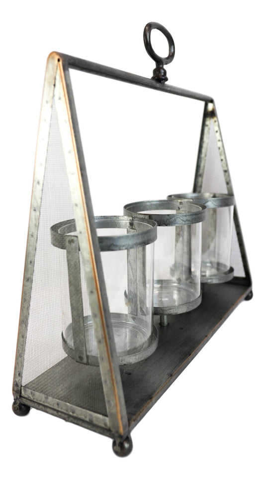 Rustic Western Farmhouse Galvanized Metal Triple Pillar Candleholder Trapezium