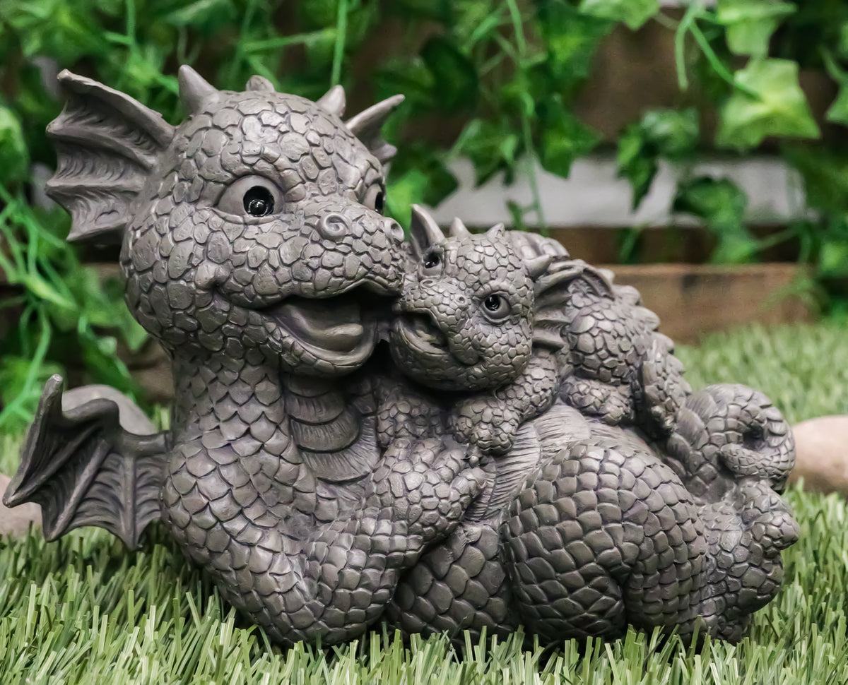 Ebros Garden Dragon Family Mommy and Me Time Statue 8" Long Cute Baby On Mother's Bosom Dragons Faux Stone Resin Finish Figurine Fantasy Home Decor