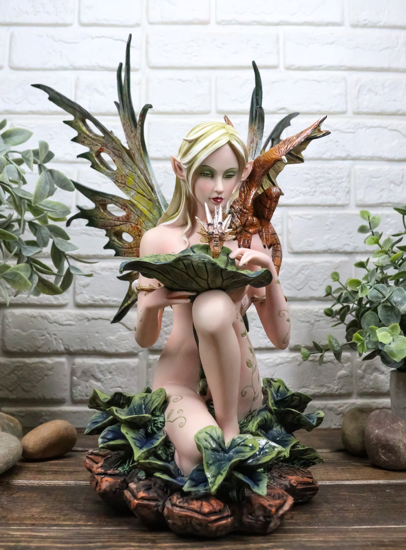 Large Nude Tribal Forest Fairy Feeding Dragon Statue 13"Tall Fantasy Fae Pixie