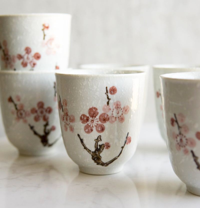 Pack Of 6 Textured Pink Japanese Sakura Cherry Blossoms Ceramic Tea Cups Teacups
