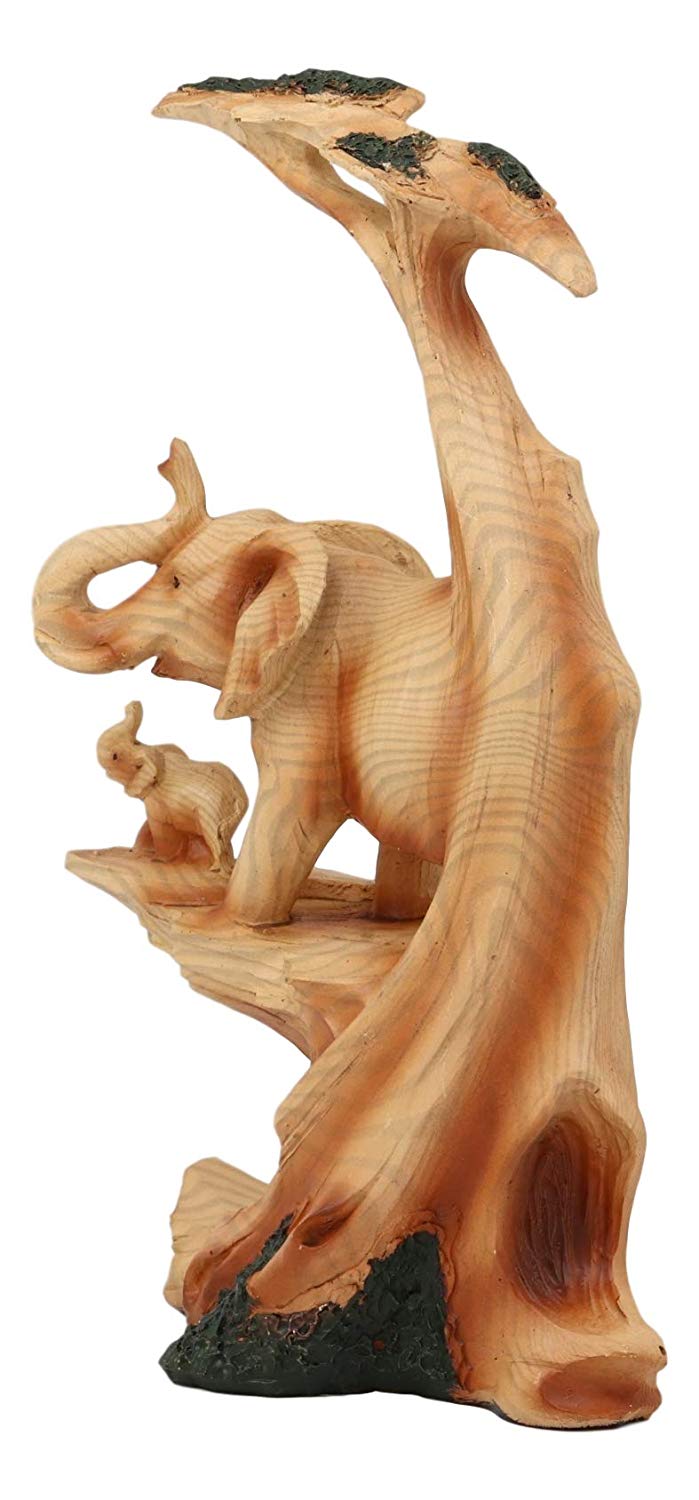 Wildlife Elephant Father With Calf In Savanna Scenery Statue Faux Wood Resin
