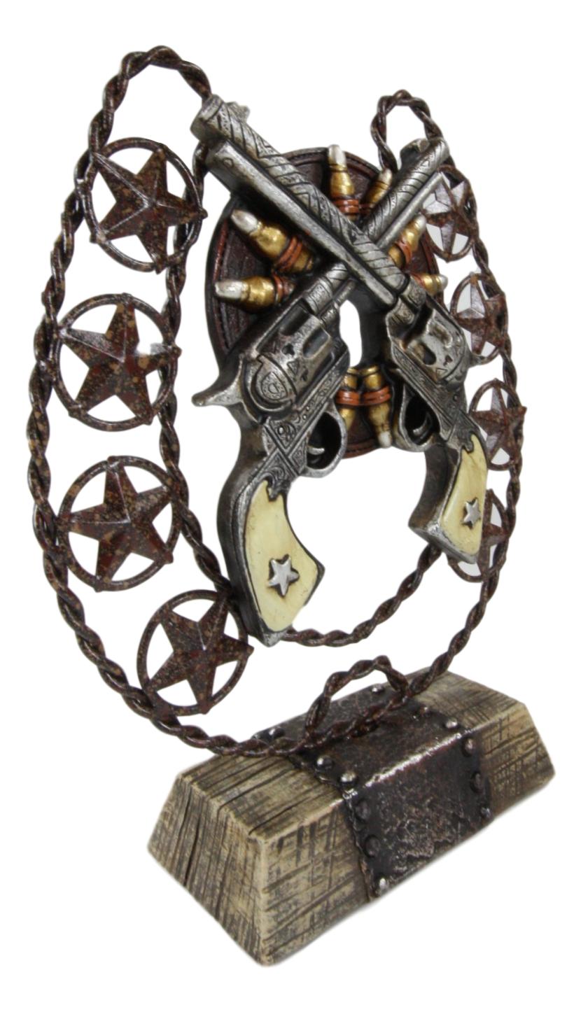 Ebros Cast Iron Cowboy Horseshoe Western Stars Dual Revolver Pistols Bullets Figurine