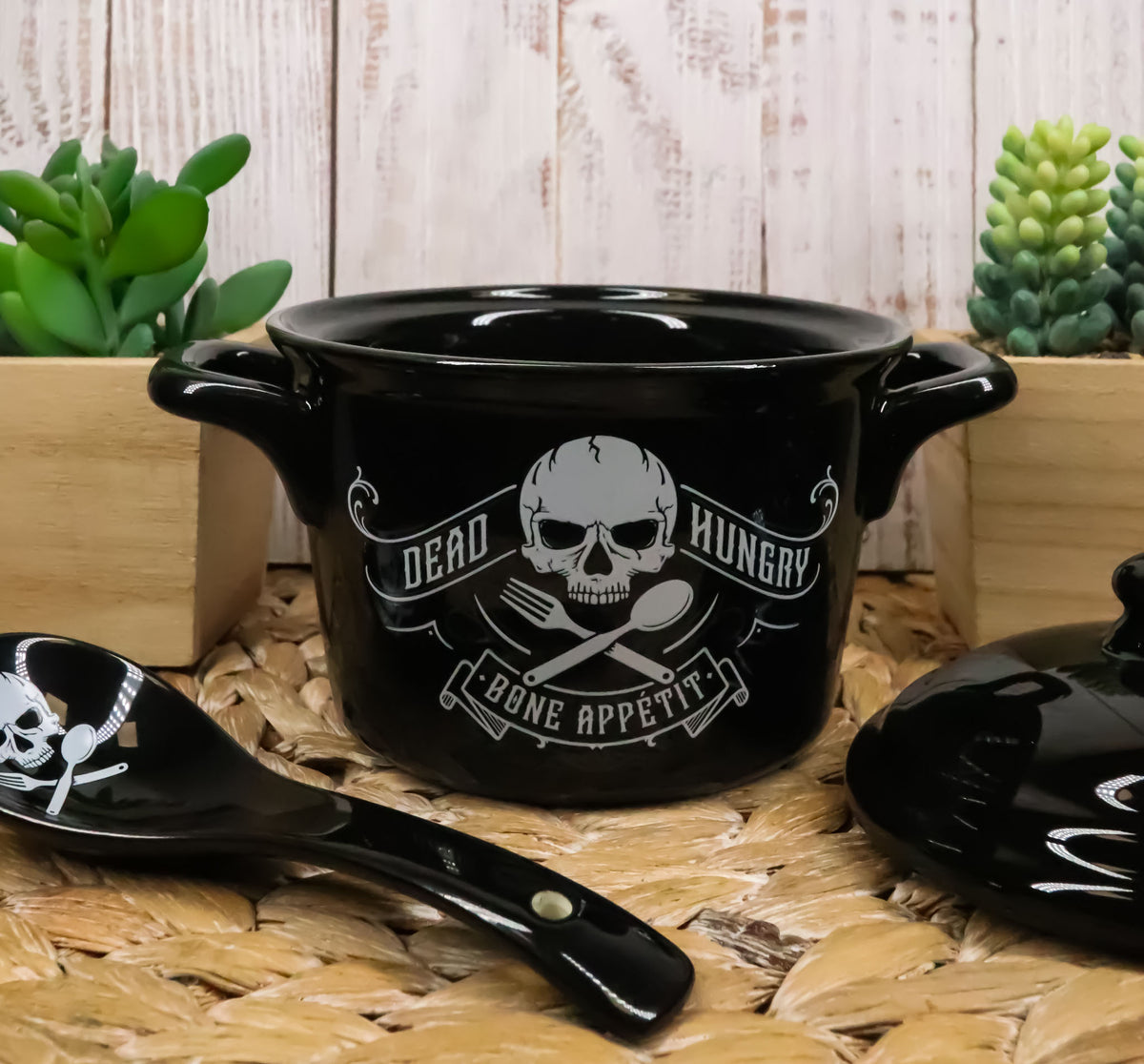 Macabre Dead Hungry Skull Bone Appetit Fine Bone China Bowl With Spoon And Lid - Ebros Gift