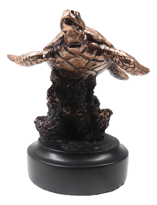Marine Sea Turtle Swimming By Coral Reef Electroplated Bronze Resin Figurine - Ebros Gift
