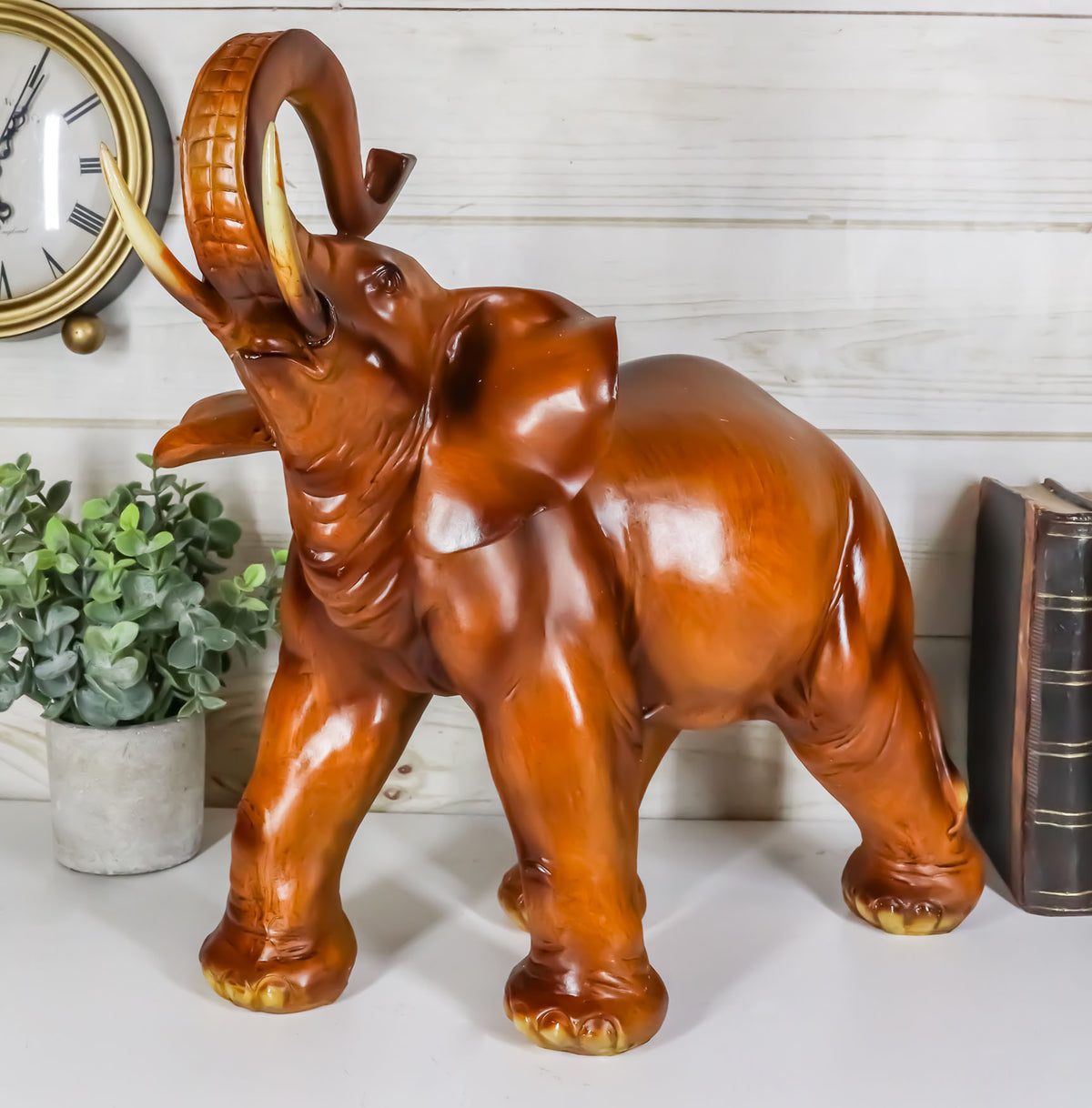 Ebros Faux Mahogany Wood Thai Buddha Elephant With Trunk Up Statue 14.25"Long - Ebros Gift