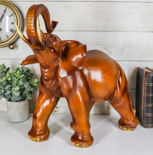 Ebros Faux Mahogany Wood Thai Buddha Elephant With Trunk Up Statue 14.25"Long - Ebros Gift