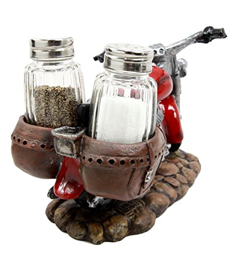 Old Retro Red Chopper Motorcycle Bike Glass Salt Pepper Shakers Holder7.5"L