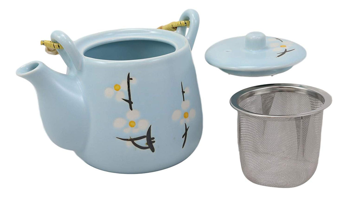 Ebros Gift Japanese Sakura Pastel Sky Blue Cherry Blossom Design Porcelain 20oz Tea Pot and 4 Cups Set Home Decor Asian Living Teapots Decorative Party Hosting Dining Table Accessories - Ebros Gift