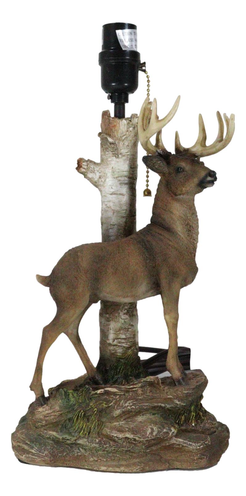 Rustic Country Grand Elk Stag Deer By Birch Tree Desktop Table Lamp With Shade