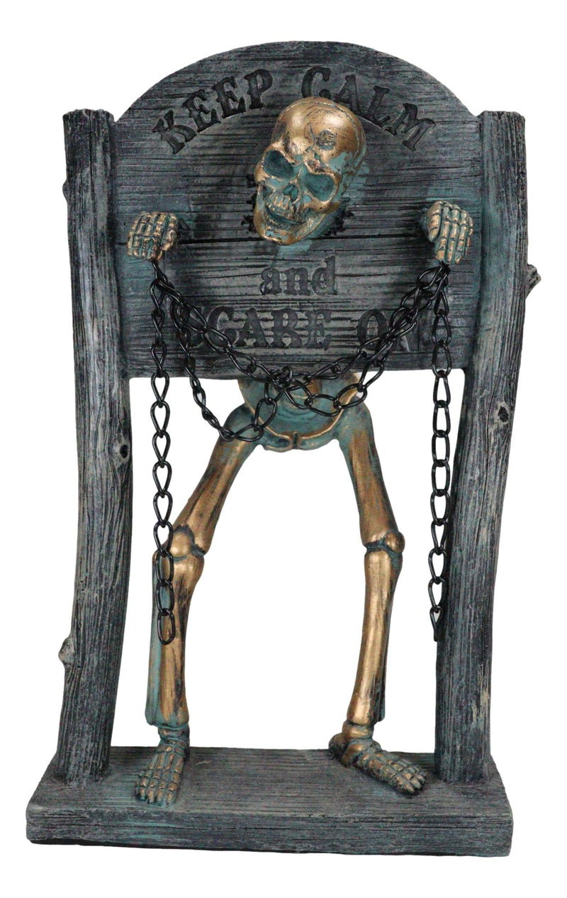 Grinning Skeleton Prisoner Chained At Pillory Keep Calm Scare On Sign Figurine