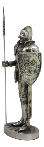 Ebros Armored Guard Halberdier Knight with Pole Spear and Shield Statue Electroplated Silver Resin Suit of Armor Pikeman Medieval Renaissance Decor Figurine - Ebros Gift